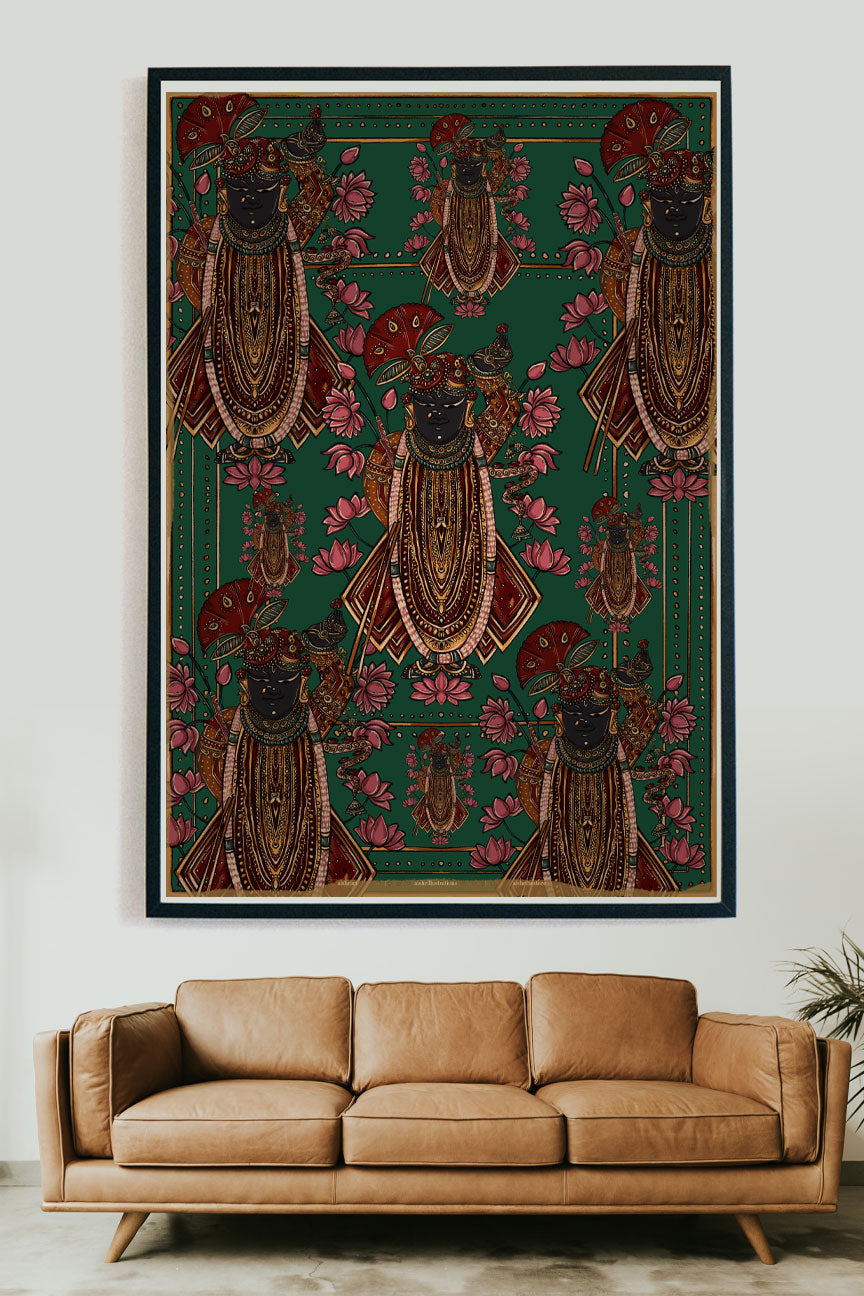 Pichhwai 4 - Srinathji set against a green background