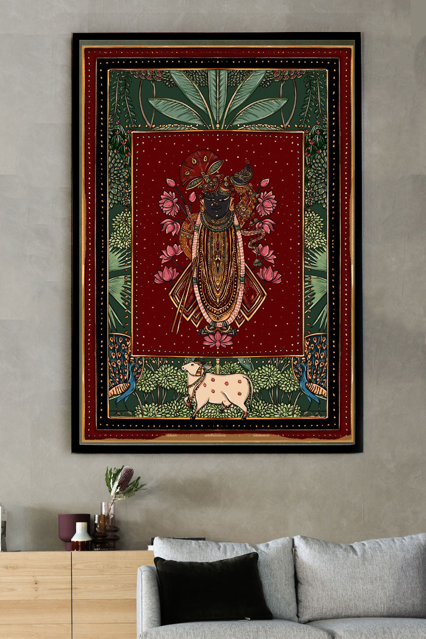 Pichhwai 5 - Srinathji set against a green & red background