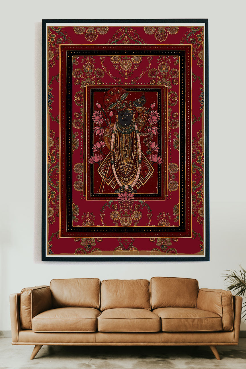 Pichhwai 12 - Srinathji set in a red background