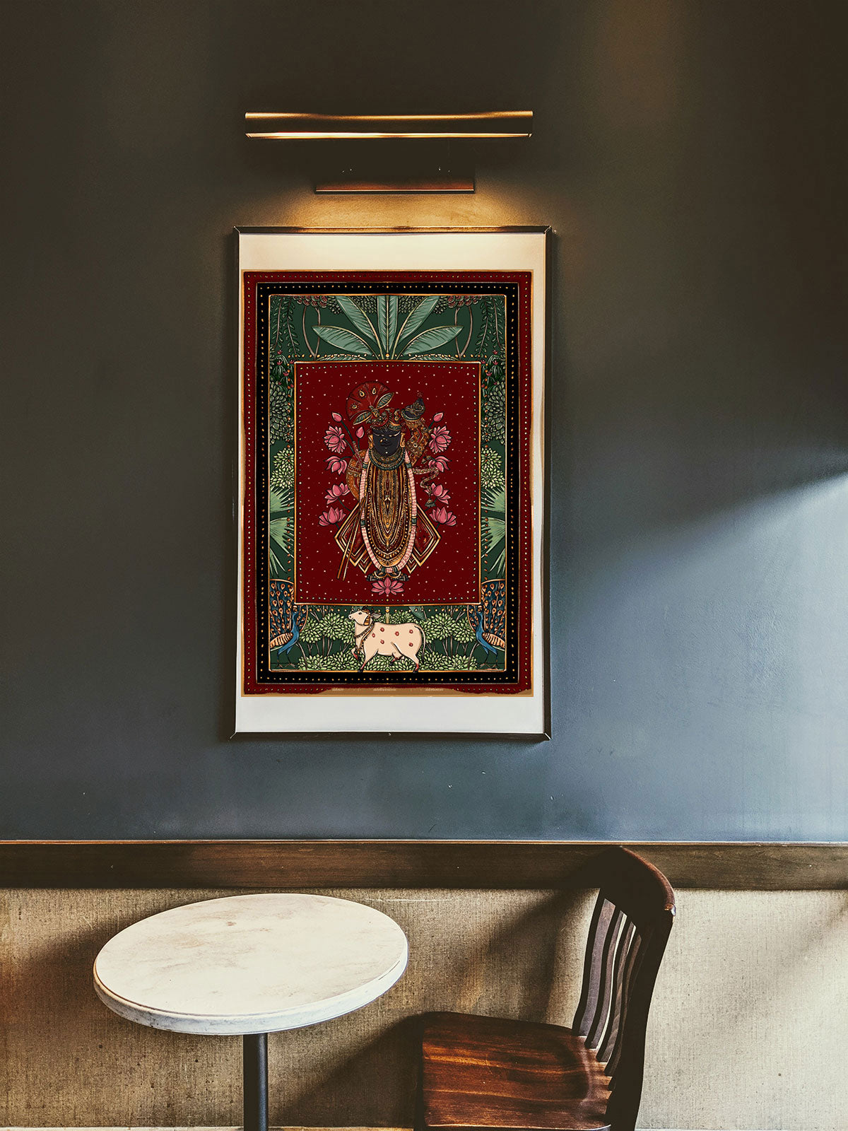 Pichhwai 5 - Srinathji set against a green & red background